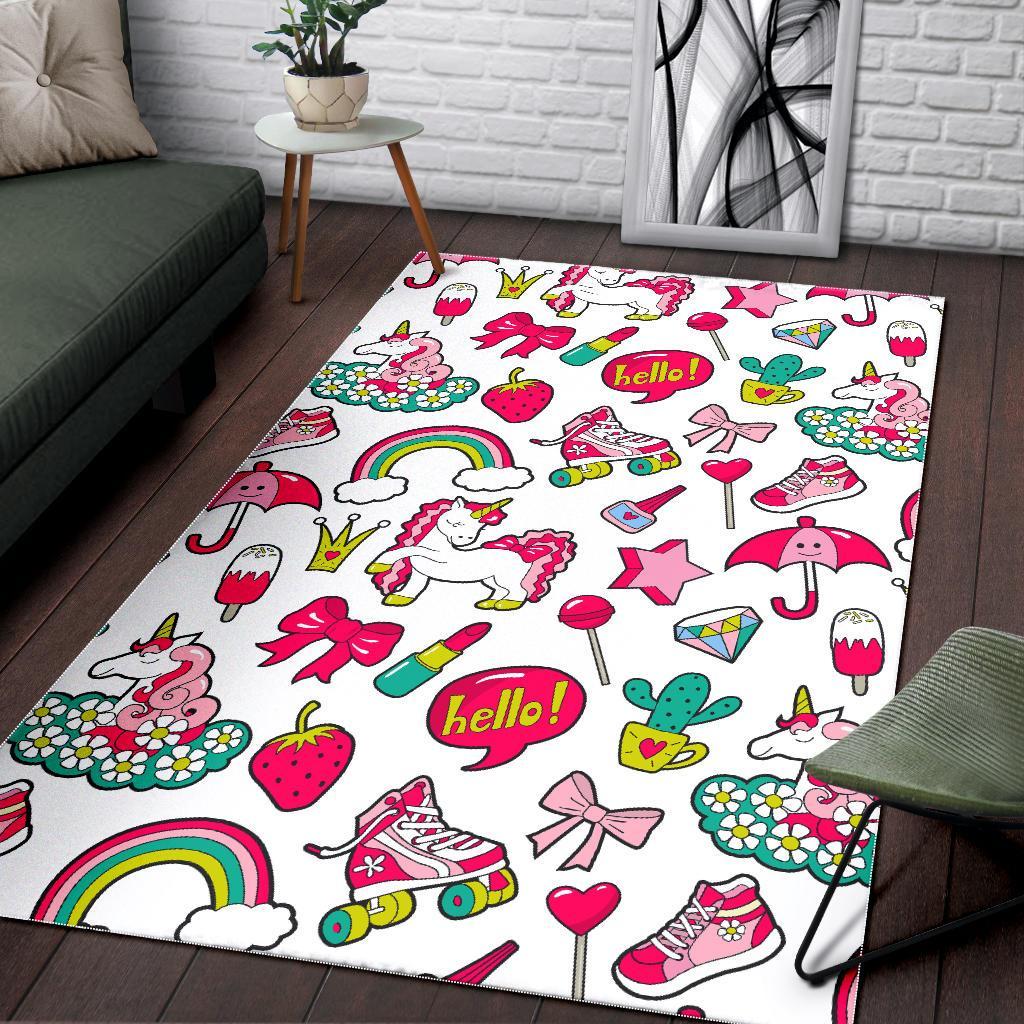 White Girly Unicorn Pattern Print Area Rug