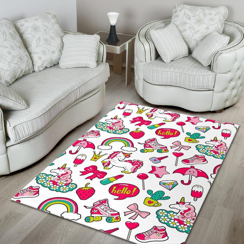 White Girly Unicorn Pattern Print Area Rug