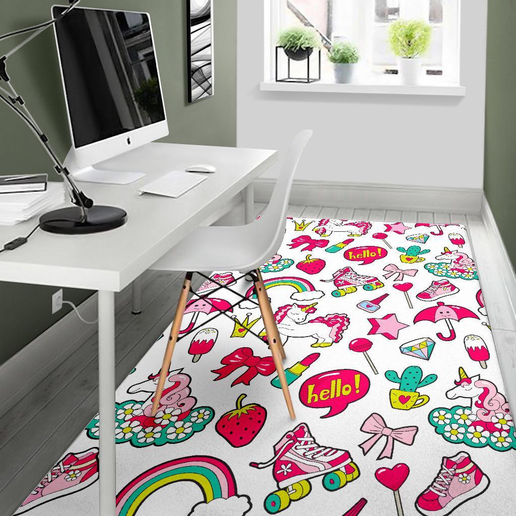 White Girly Unicorn Pattern Print Area Rug
