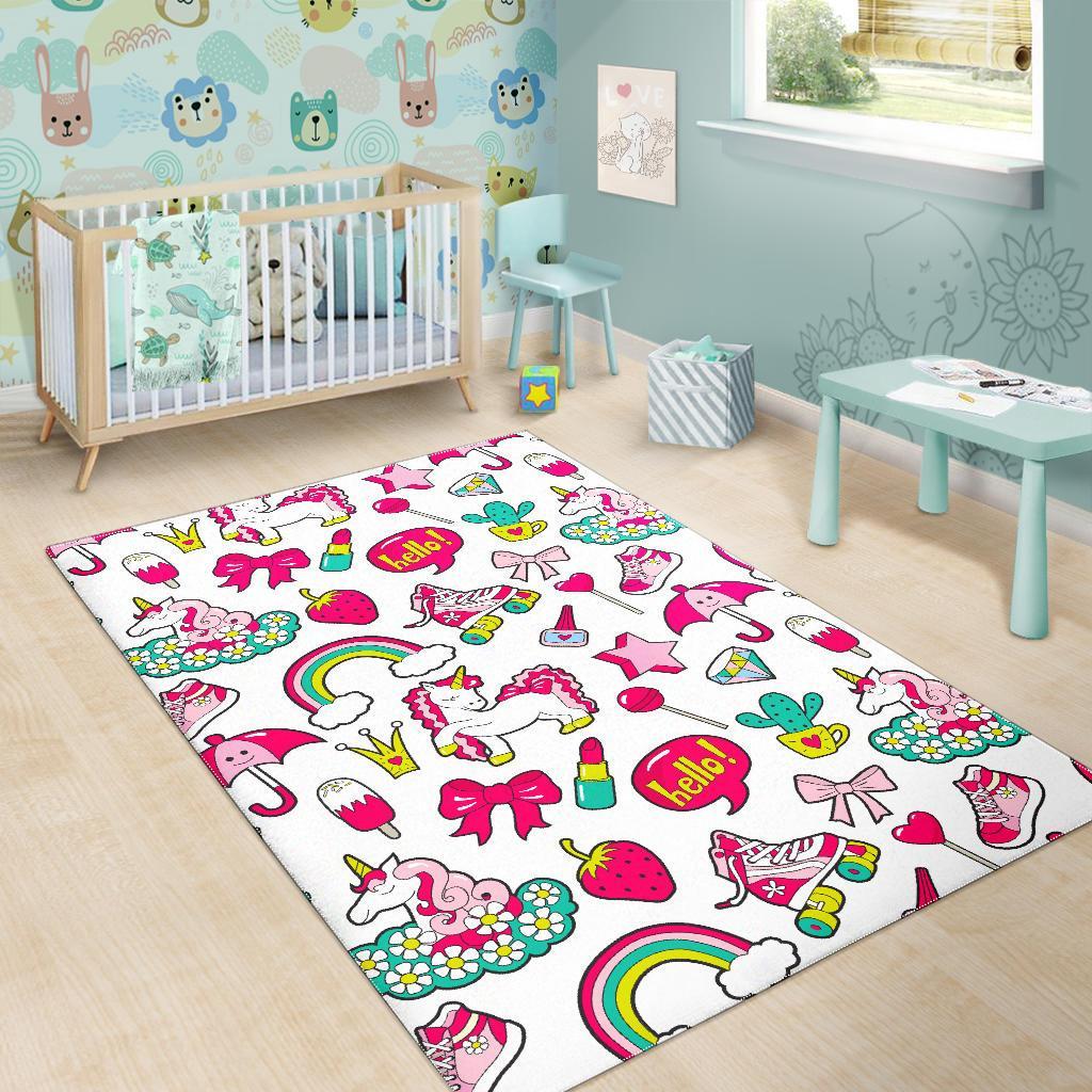 White Girly Unicorn Pattern Print Area Rug