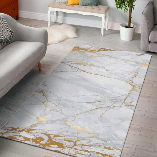 White Gold Scratch Marble Print Area Rug