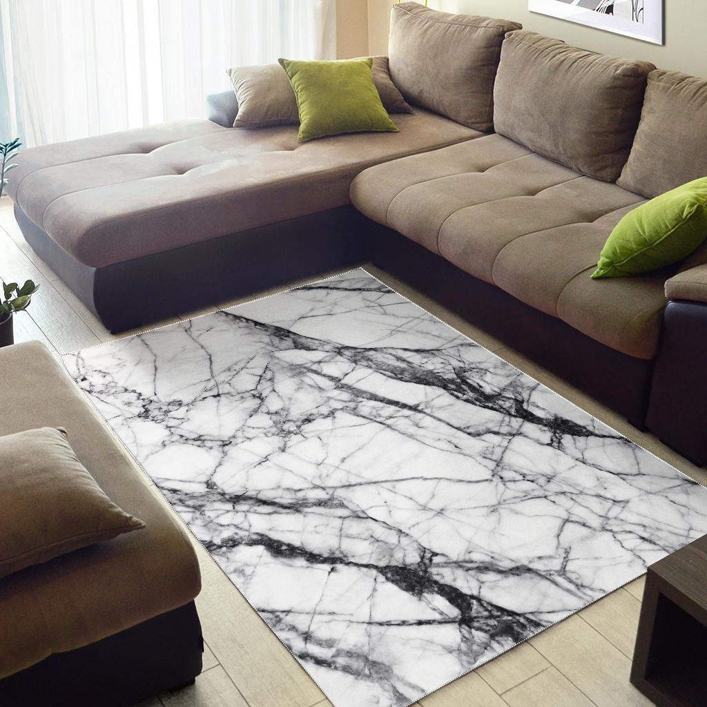 White Gray Scratch Marble Print Area Rug