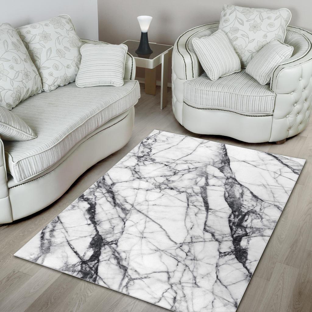 White Gray Scratch Marble Print Area Rug