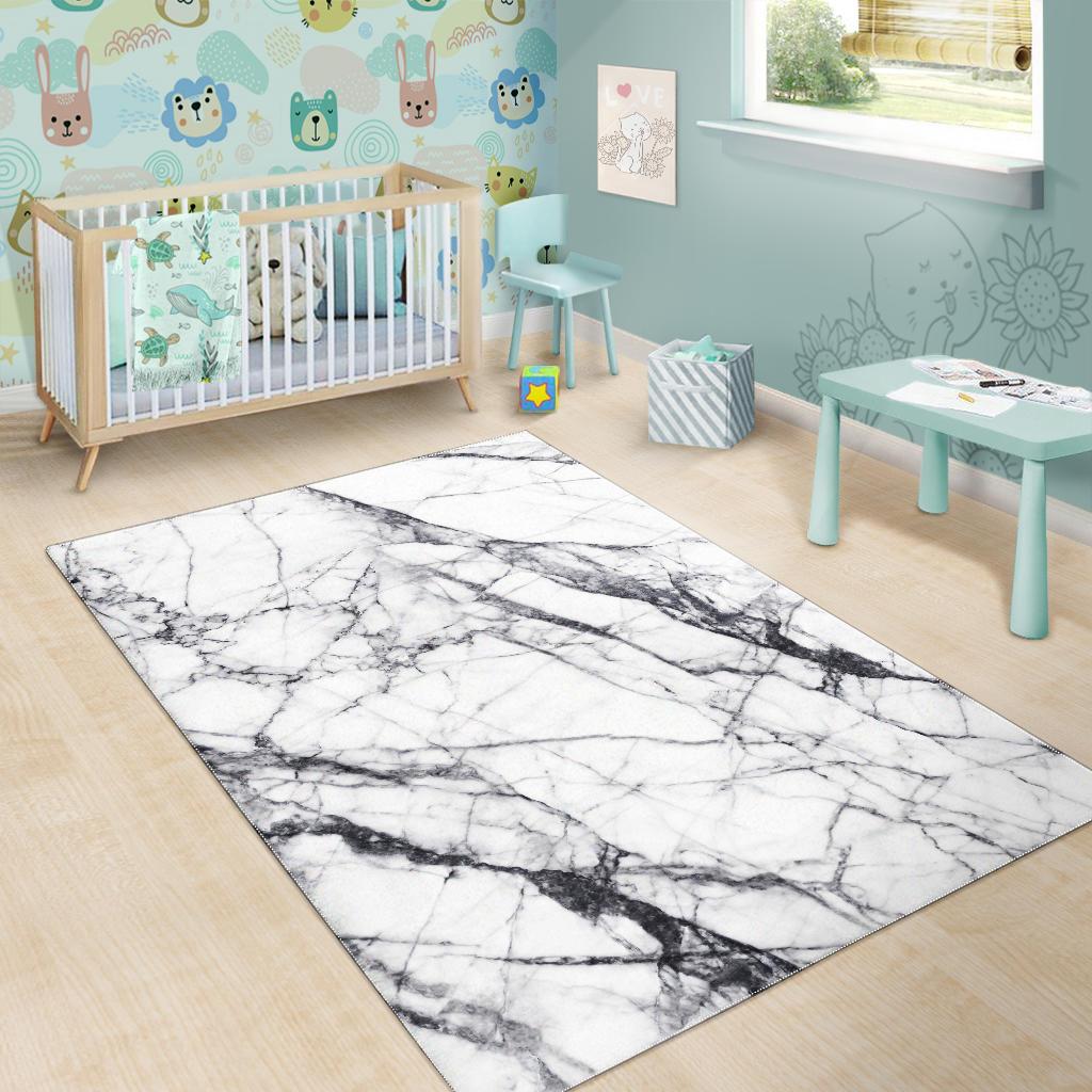White Gray Scratch Marble Print Area Rug
