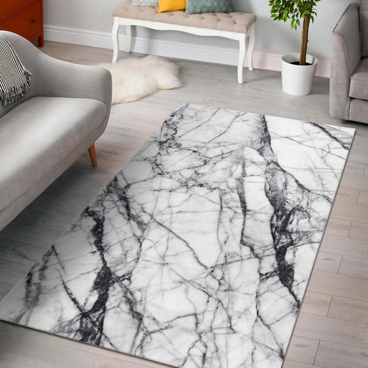 White Gray Scratch Marble Print Area Rug