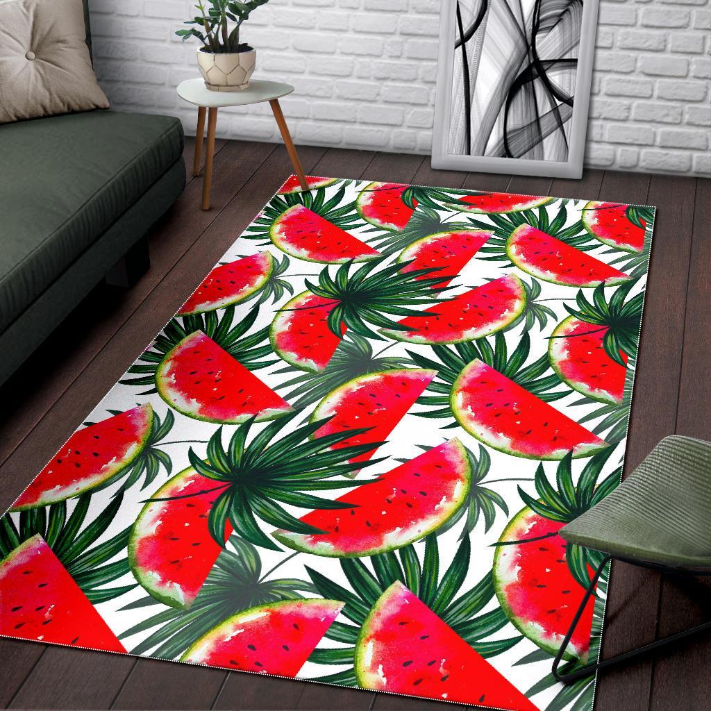 White Palm Leaf Watermelon Pattern Print Area Rug