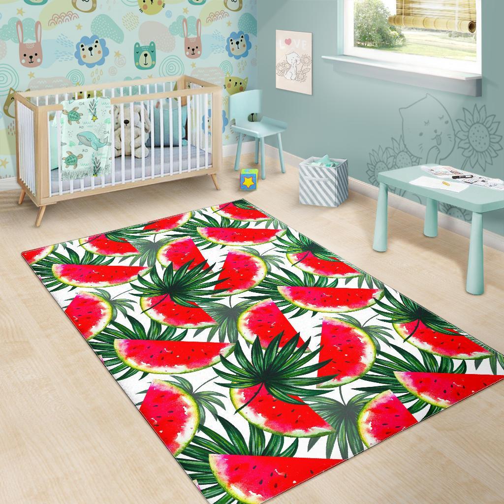 White Palm Leaf Watermelon Pattern Print Area Rug