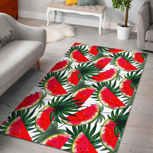 White Palm Leaf Watermelon Pattern Print Area Rug