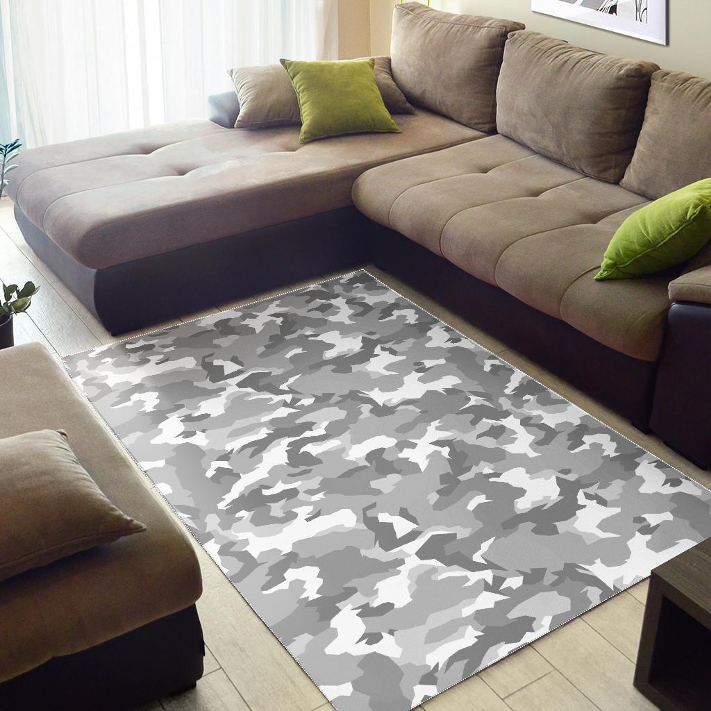 White Snow Camouflage Print Area Rug