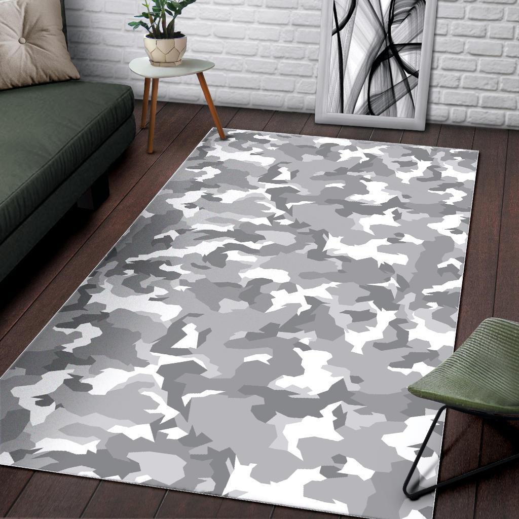 White Snow Camouflage Print Area Rug