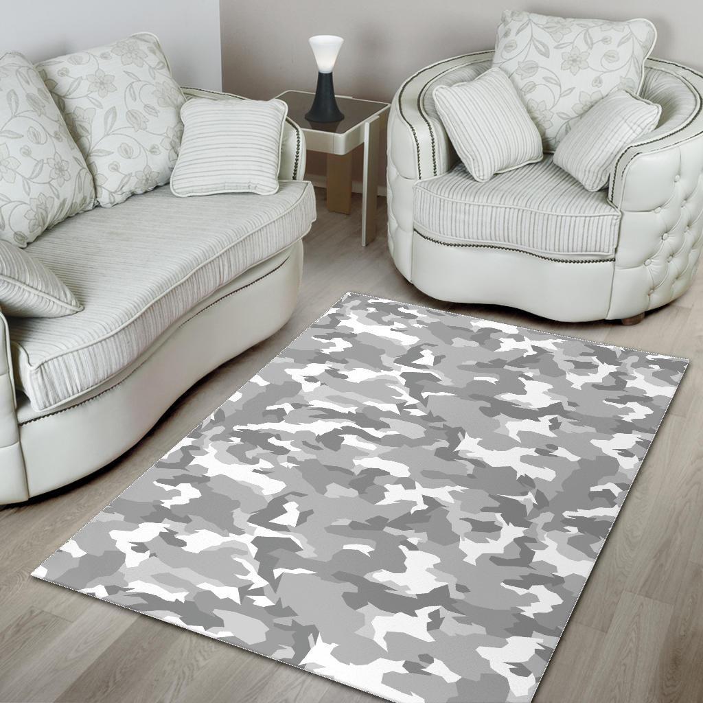 White Snow Camouflage Print Area Rug