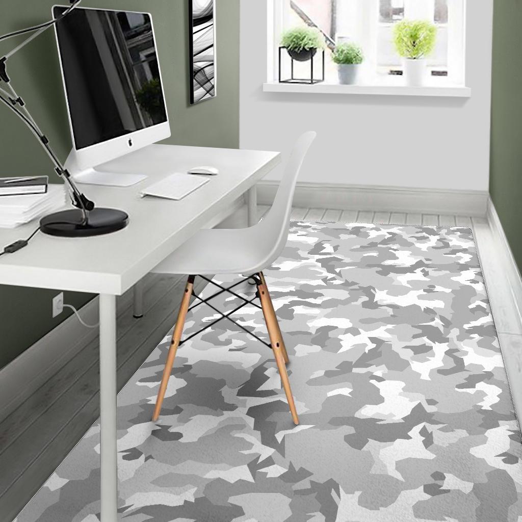 White Snow Camouflage Print Area Rug