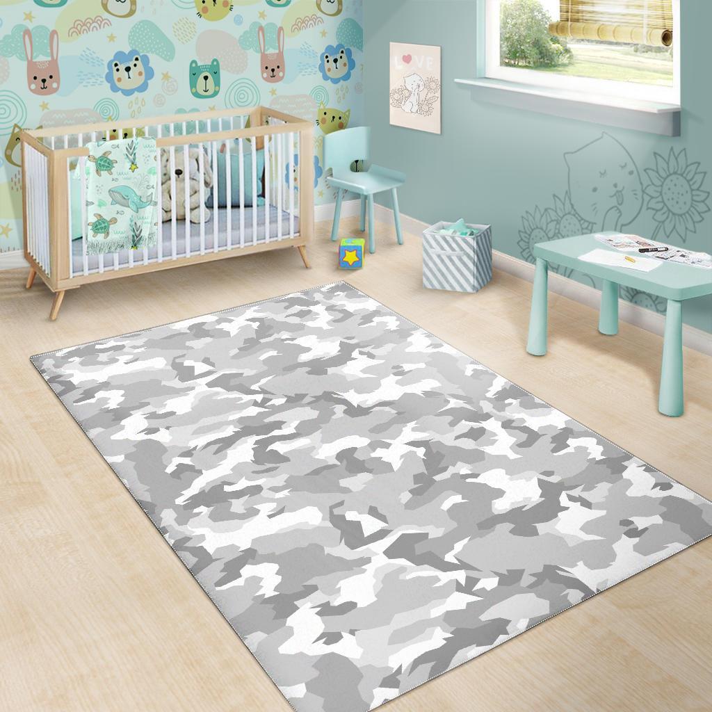 White Snow Camouflage Print Area Rug