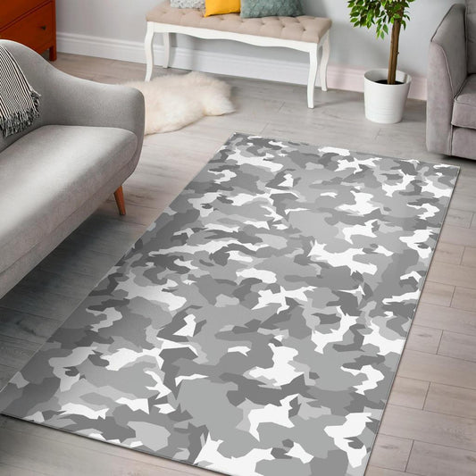 White Snow Camouflage Print Area Rug