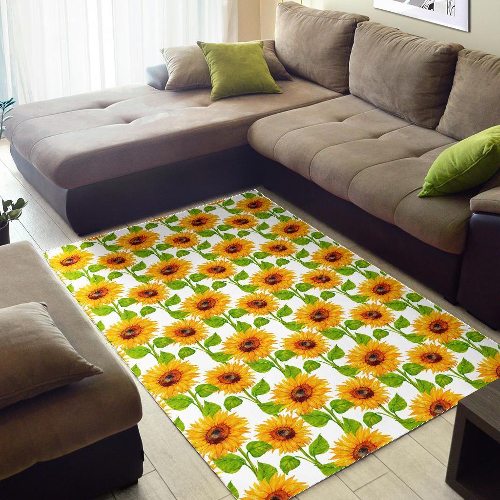 White Watercolor Sunflower Pattern Print Area Rug