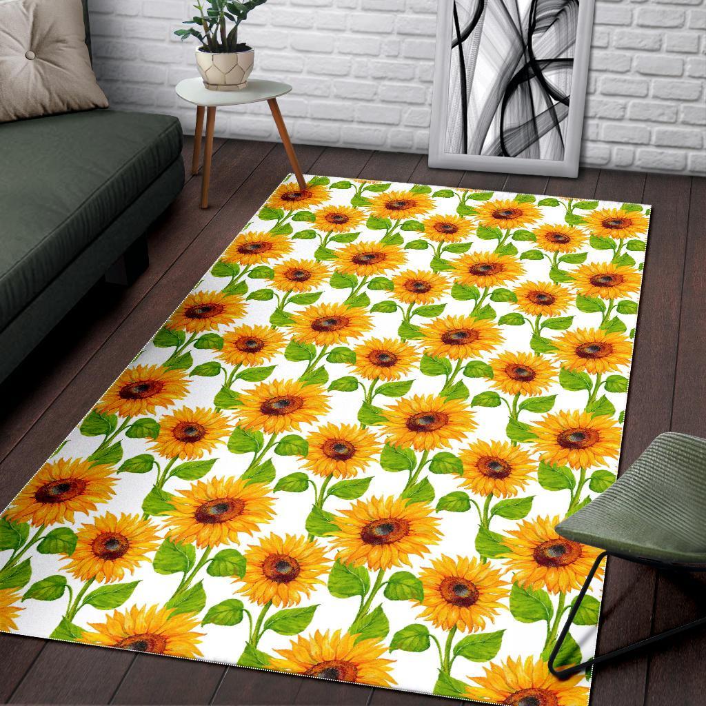White Watercolor Sunflower Pattern Print Area Rug