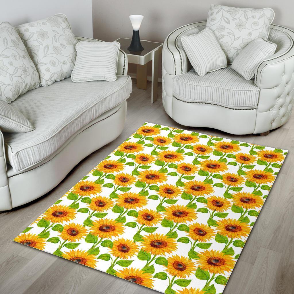 White Watercolor Sunflower Pattern Print Area Rug