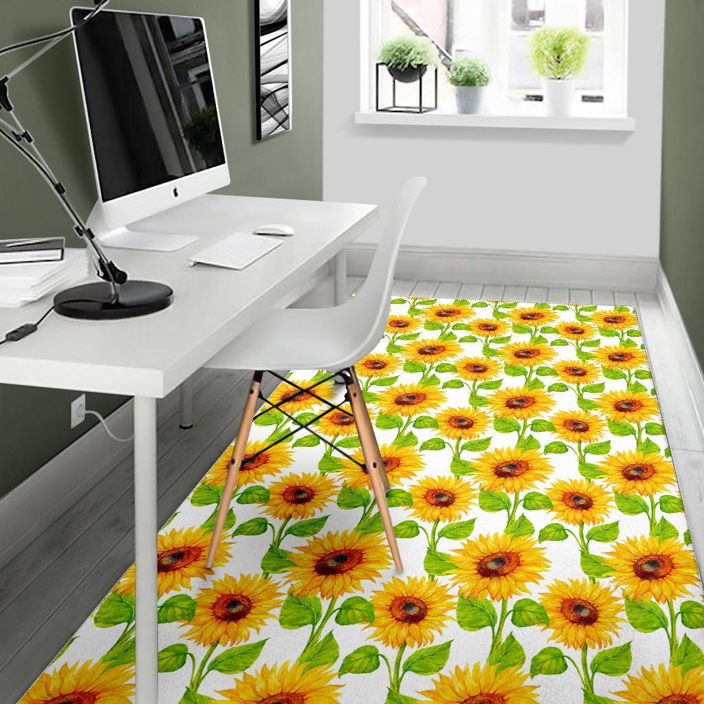 White Watercolor Sunflower Pattern Print Area Rug