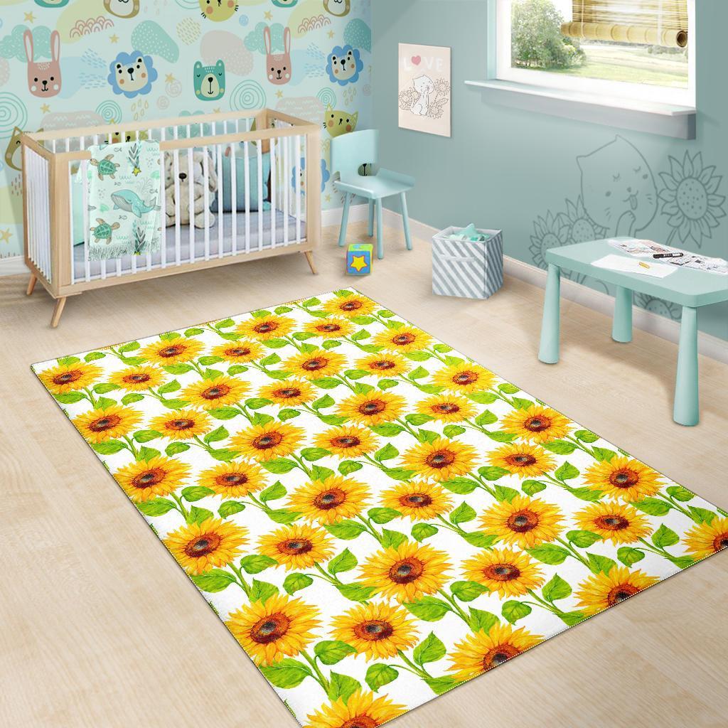White Watercolor Sunflower Pattern Print Area Rug