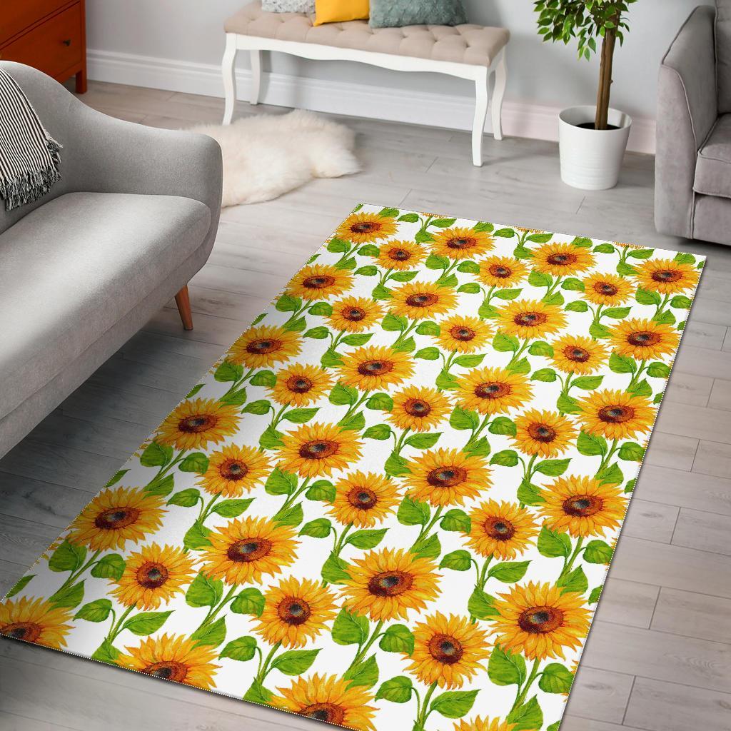 White Watercolor Sunflower Pattern Print Area Rug