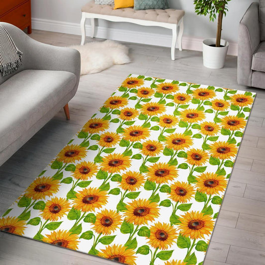 White Watercolor Sunflower Pattern Print Area Rug